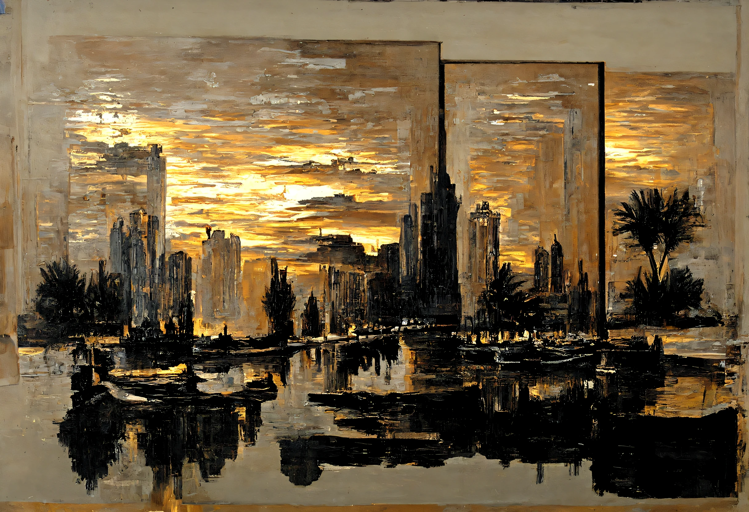 A painting of a cityscape at sunset, reflected in a calm river. Created using the Disco Diffusion version adapted for ComfyUI.