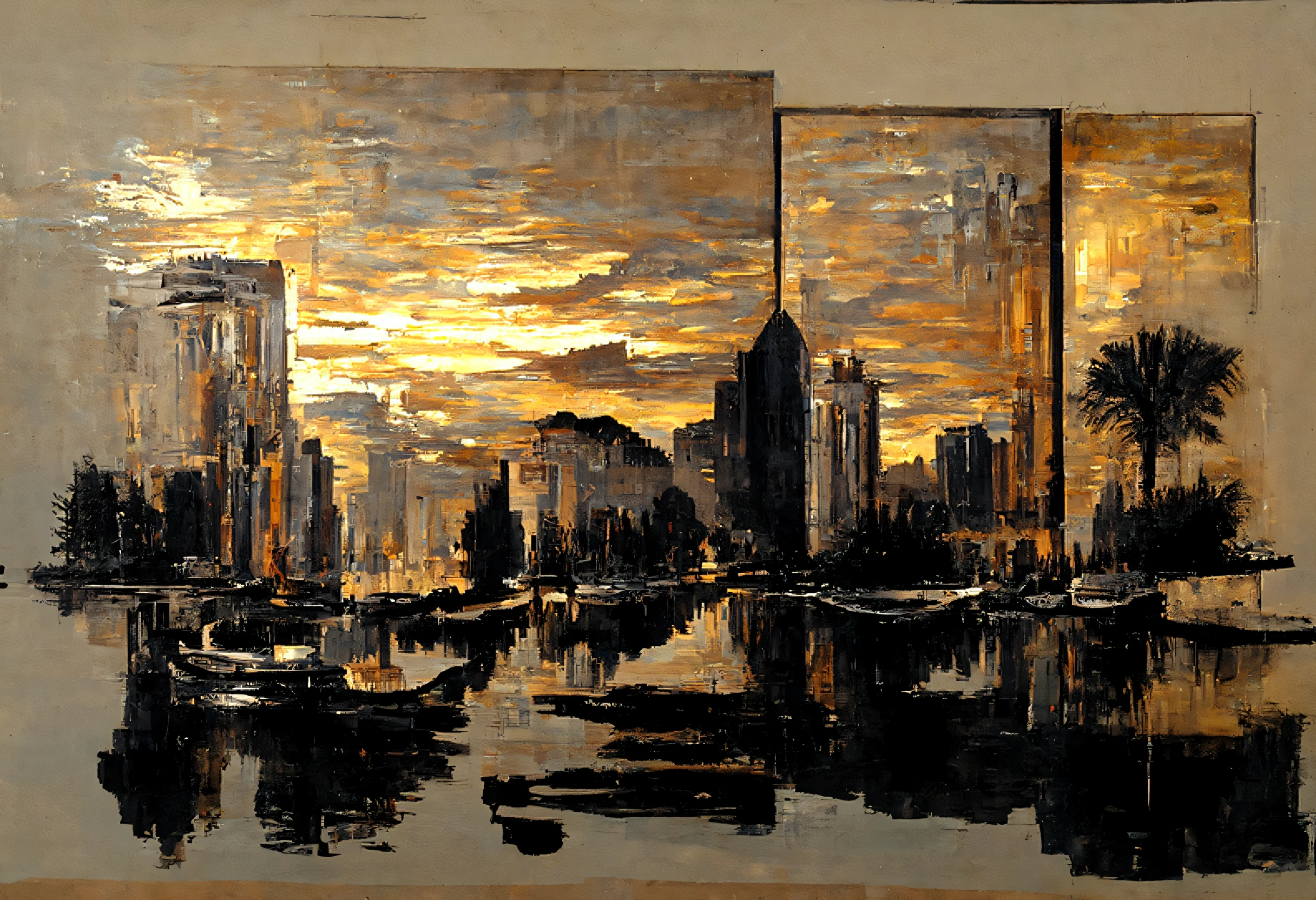 A painting of a cityscape at sunset, reflected in a calm river.