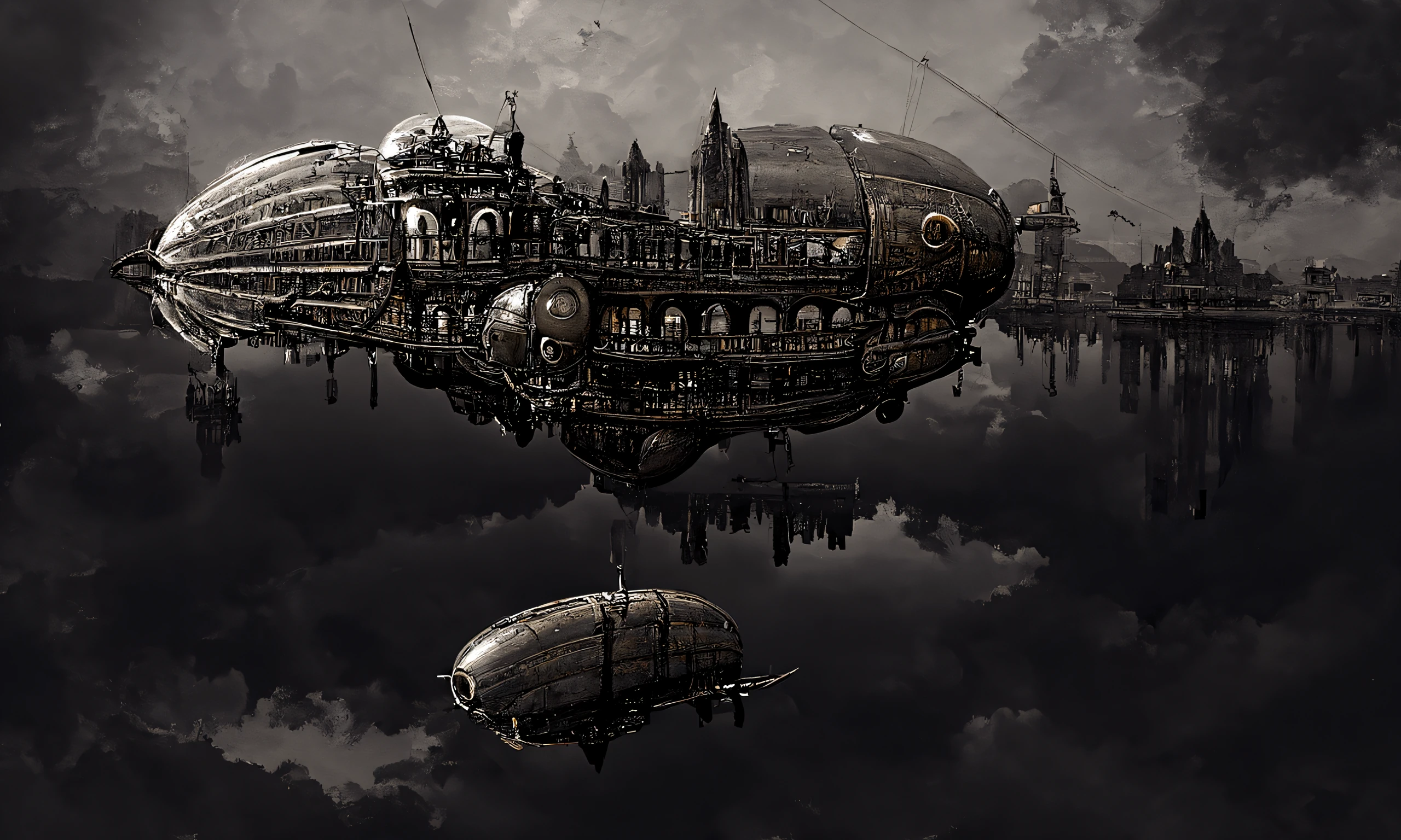 A steampunk airship, steampunk city, victorian architecture, mirrored in calm water, sunset, trending on artstation-2.