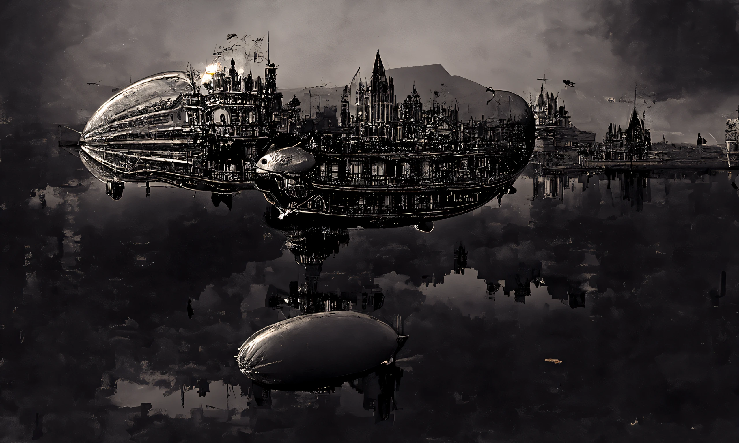 A steampunk airship, steampunk city, victorian architecture, mirrored in calm water, sunset, trending on artstation-6.
