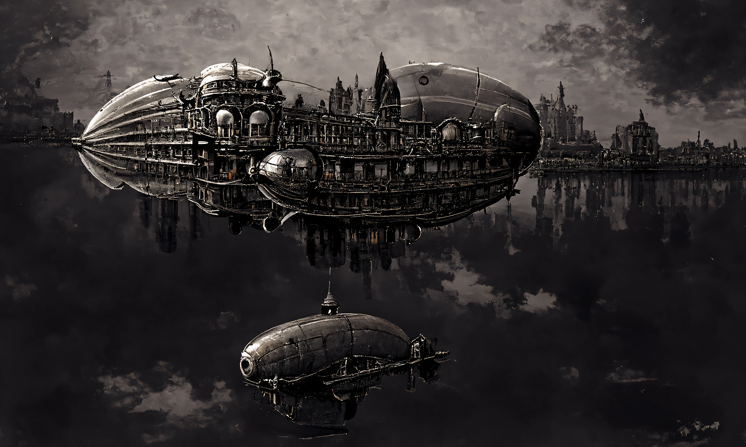 A steampunk airship, steampunk city, victorian architecture, mirrored in calm water, sunset, trending on artstation-5.