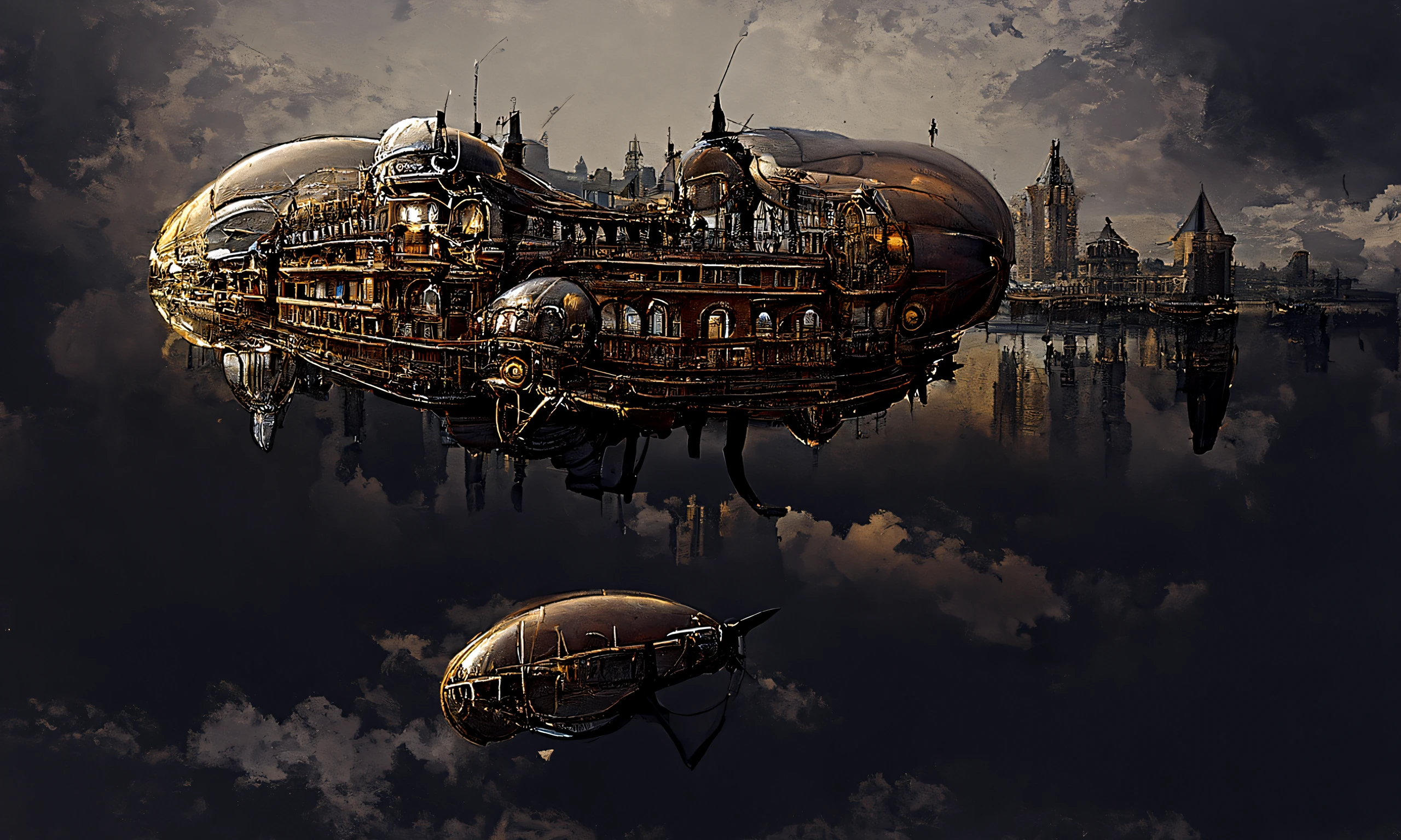 A steampunk airship, steampunk city, victorian architecture, mirrored in calm water, sunset, trending on artstation-4.