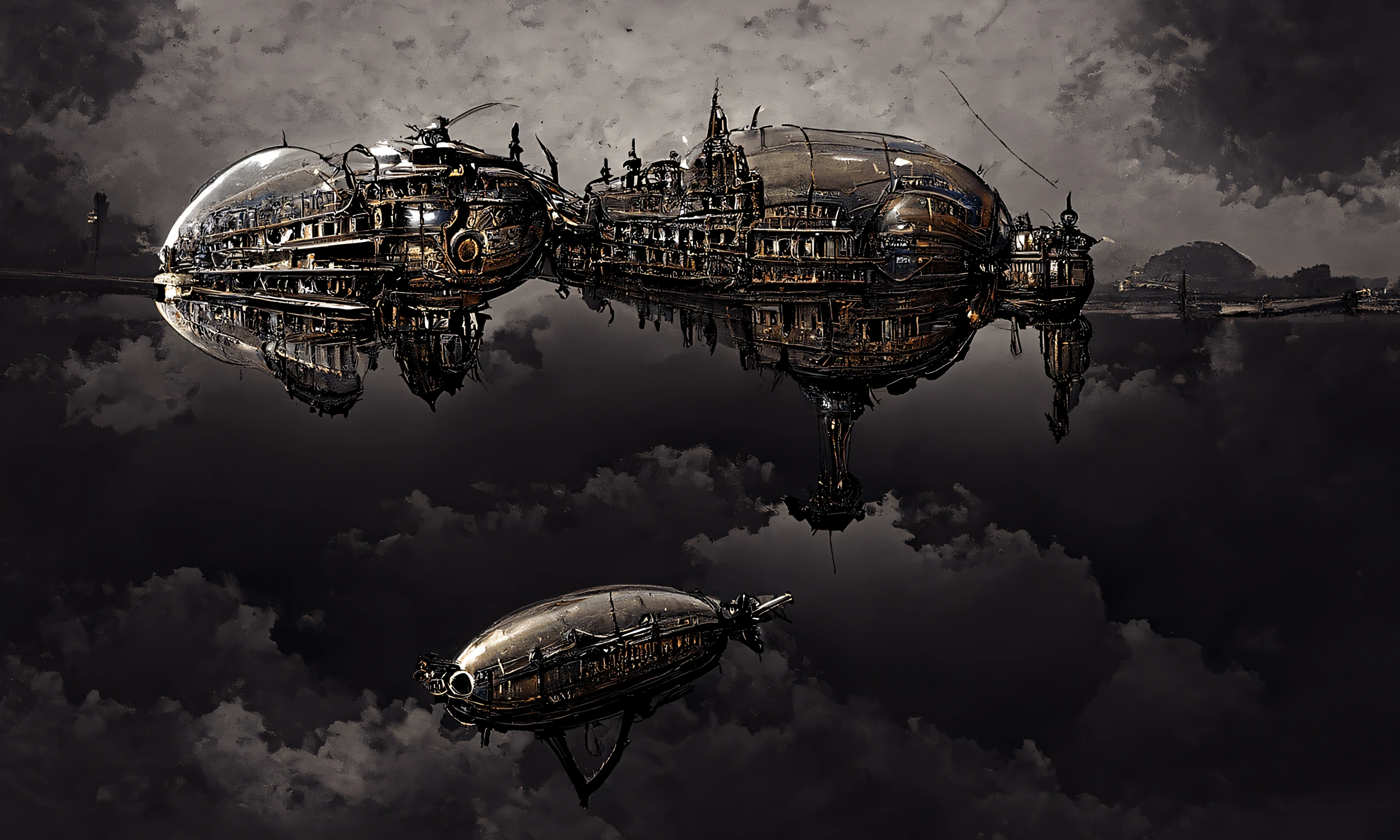 A steampunk airship, steampunk city, victorian architecture, mirrored in calm water, sunset, trending on artstation-3.
