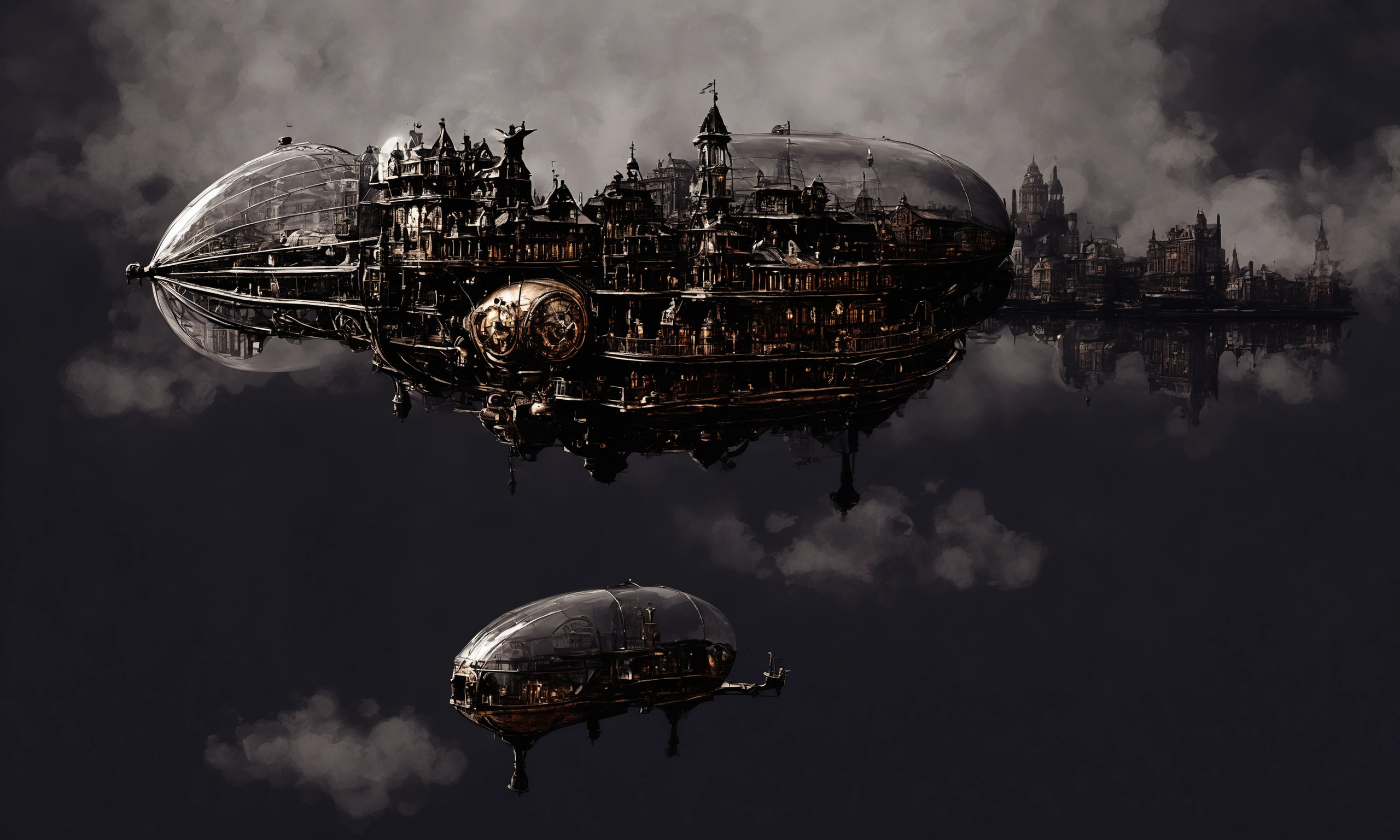 A steampunk airship, steampunk city, victorian architecture, mirrored in calm water, sunset, trending on artstation.