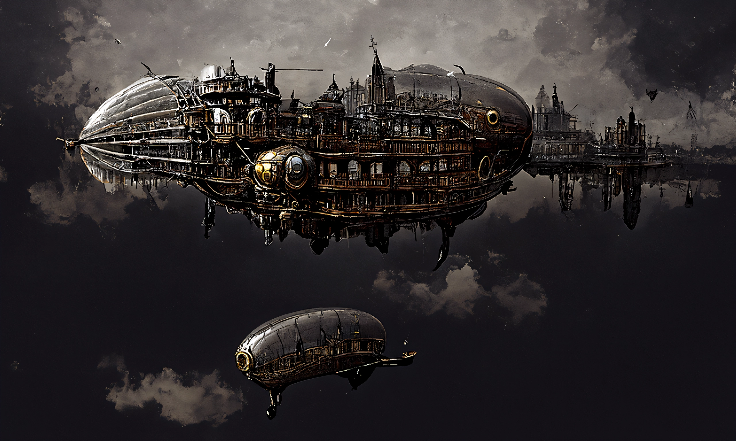 A steampunk airship, steampunk city, victorian architecture, mirrored in calm water, sunset, trending on artstation-1. Created using the Disco Diffusion version adapted for ComfyUI.